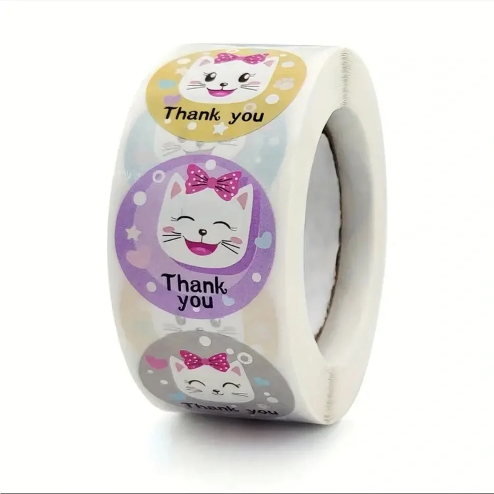 Roll of 500 Cute White Kitty Cat Round Thank You Stickers